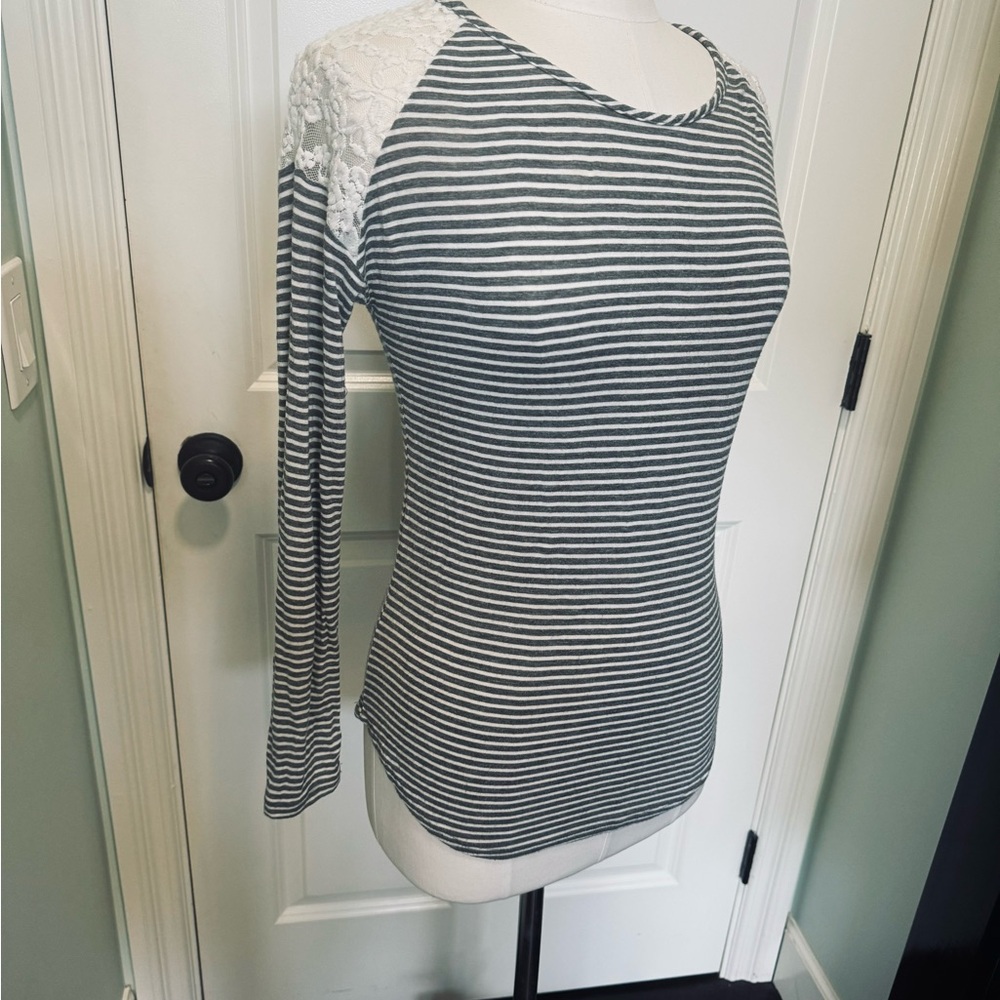 Pink Rose Shirt Womens Long Sleeve Lace Shoulder Stripe soft gray and white